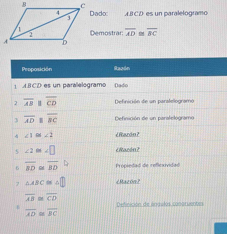 Dado: ABCD es un paralelogramo 
Demostrar: overline AD≌ overline BC
Proposición Razón 
1 ABCD es un paralelogramo Dado 
2 overline AB|AB||overline CD Definición de un paralelogramo 
3 overline AD | overline BC Definición de un paralelogramo 
4 ∠ 1≌ ∠ 2 ¿Razón? 
5 ∠ 2≌ ∠ □ ¿Razón? 
6 overline BD≌ overline BD Propiedad de reflexividad 
7 △ ABC≌ △ □
¿Razón?
overline AB≌ overline CD
8 
Definición de ángulos congruentes
overline AD≌ overline BC