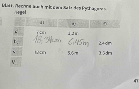 Blatt. Rechne auch mit dem Satz des Pythagoras. 
Kegel
47