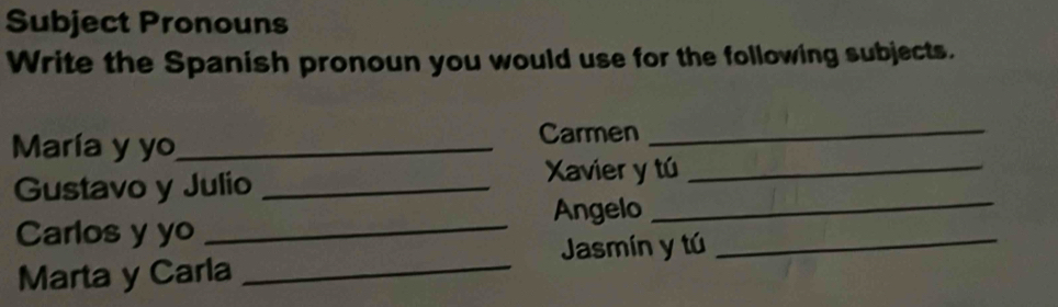 Subject Pronouns 
Write the Spanish pronoun you would use for the following subjects. 
María y yo_ Carmen_ 
Gustavo y Julio_ 
Xavier y tú_ 
Angelo_ 
Carlos y yo_ 
Jasmín y tú_ 
Marta y Carla_