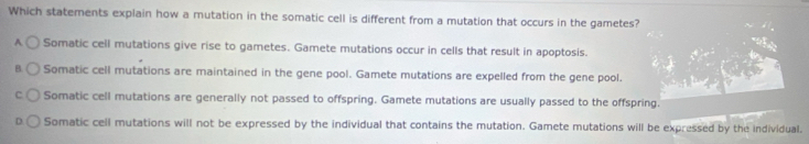 Which statements explain how a mutation in the somatic cell is different from a mutation that occurs in the gametes?
A. Somatic cell mutations give rise to gametes. Gamete mutations occur in cells that result in apoptosis.
B Somatic cell mutations are maintained in the gene pool. Gamete mutations are expelled from the gene pool.
Somatic cell mutations are generally not passed to offspring. Gamete mutations are usually passed to the offspring.
Somatic cell mutations will not be expressed by the individual that contains the mutation. Gamete mutations will be expressed by the individual.