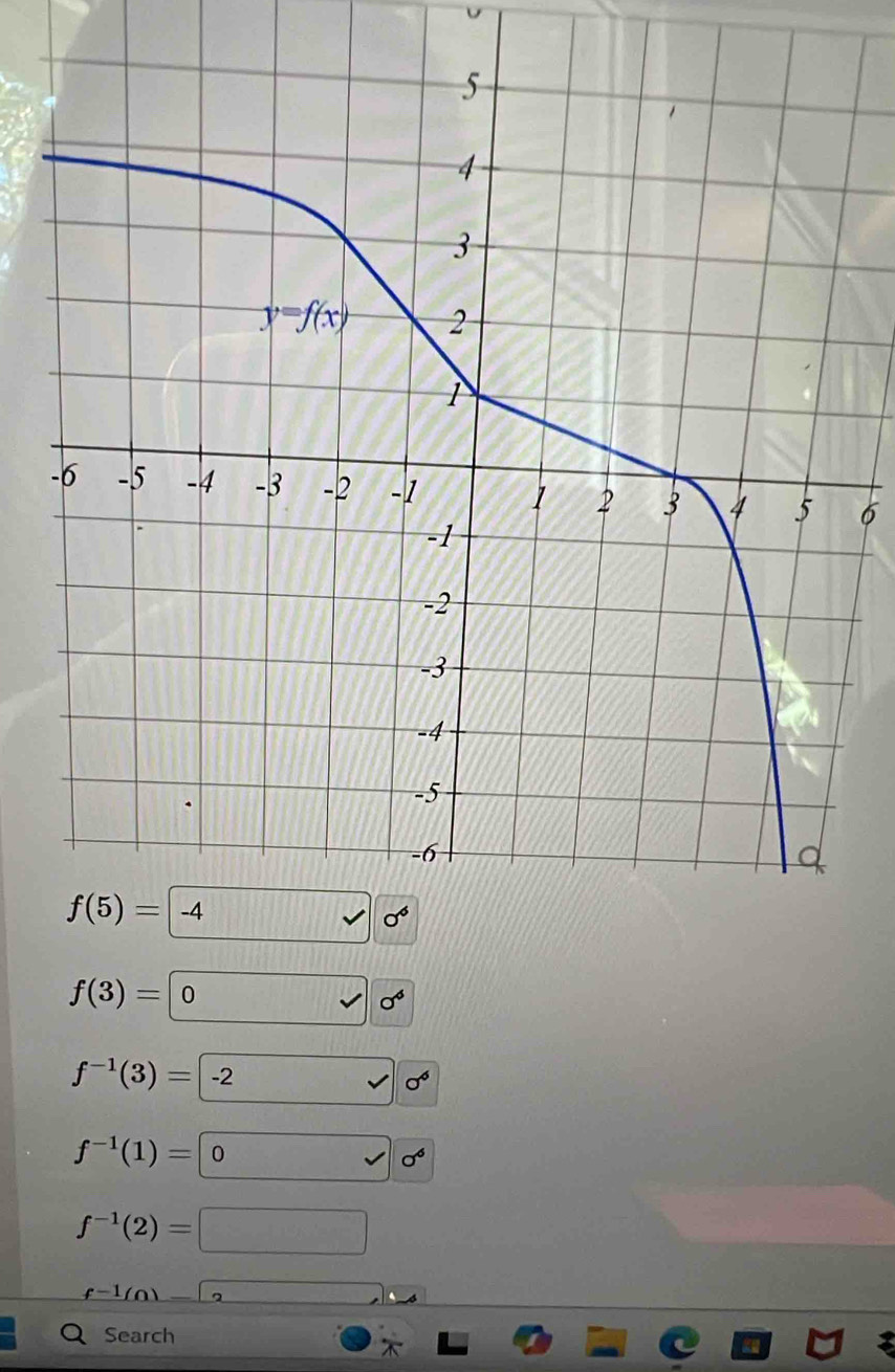 6
f(3)=0
f^(-1)(3)=-2 2sqrt(6^6)
f^(-1)(1)=
f^(-1)(2)=□
f^(-1)(0)-3
Search