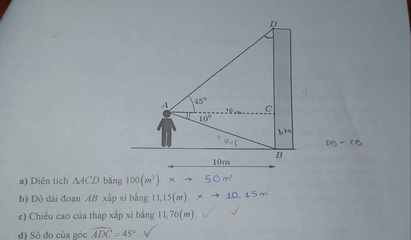 D
A 45°
10 C
10^0
B
10m
a) Diện tích △ ACD bằng 100(m^2) × 5 m^2
b) Độ dài đoạn AB xấp xỉ bằng 11,15(m). to 10,15
c) Chiều cao của tháp xấp xỉ bằng 11,76(m). 
d) Số đo của góc widehat ADC=45°