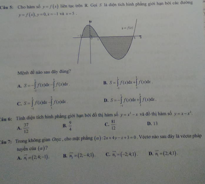 Cho hàm số y=f(x) liên tục trên R. Gọi S là diện tích hình phẳng giới hạn bởi các đường
y=f(x),y=0,x=-1 và x=5.
Mệnh đề nào sau đây đúng?
B.
A. S=-∈tlimits _(-1)^1f(x)dx-∈tlimits _1^(5f(x)dx. S=∈tlimits _(-1)^1f(x)dx+∈tlimits _1^5f(x)dx.
D.
C. S=∈tlimits _(-1)^1f(x)dx-∈tlimits _1^5f(x)dx. S=-∈tlimits _(-1)^1f(x)dx+∈tlimits _3^5f(x)dx.
Tâu 6:  Tính diện tích hình phẳng giới hạn bởi đồ thị hàm số y=x^3)-x và đồ thị hàm số y=x-x^2.
B.
A.  37/12   9/4  C.  81/12 
D. 13
Câu 7: Trong không gian Oxyz , cho mặt phẳng (α): 2x+4y-z+3=0. Véctơ nào sau đây là véctơ pháp
tuyến của (α)?
A. vector n_1=(2;4;-1). B. vector n_2=(2;-4;1). C. overline n_1=(-2;4;1). D. vector n_1=(2;4;1).