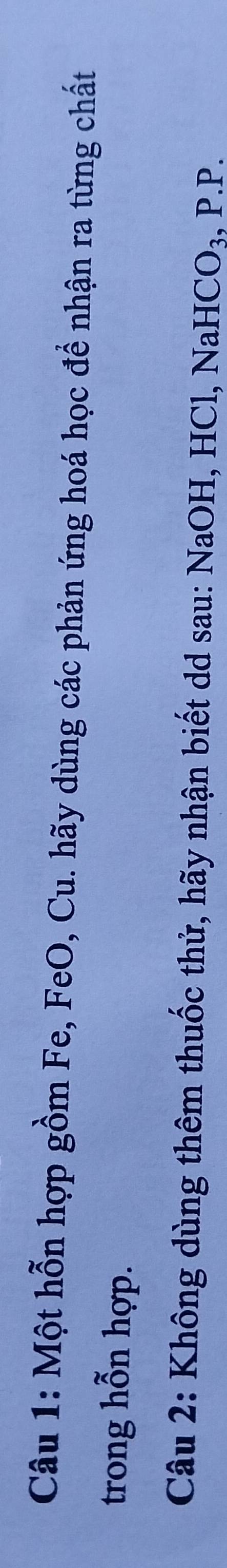 Một hỗn hợp gồm Fe, FeO, Cu. hãy dùng các phản ứng hoá học để nhận ra từng chất 
trong hỗn hợp. 
Câu 2: Không dùng thêm thuốc thử, hãy nhận biết dd sau: NaOH, HCl, NaHCO₃, P. P.