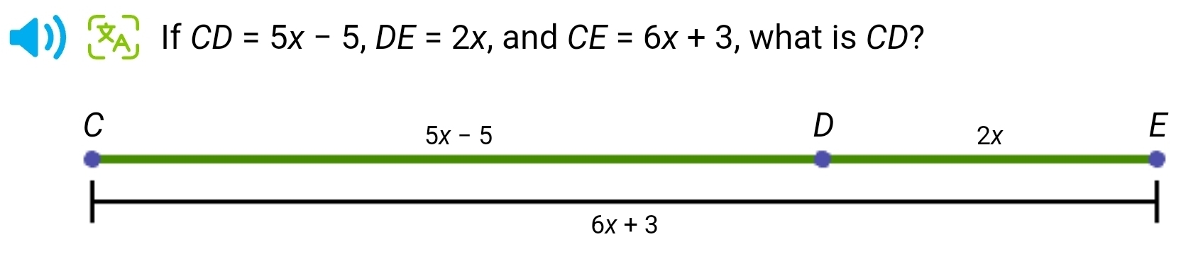 If CD=5x-5,DE=2x , and CE=6x+3 , what is CD?
E