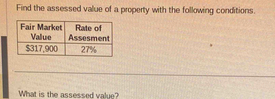 Find the assessed value of a property with the following conditions. 
What is the assessed value?