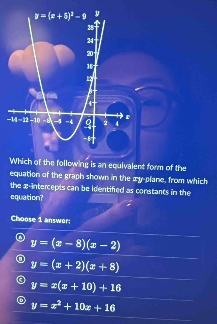 Which of the following is an equivalent form of the
equation of the graph shown in the xy-plane, from which
the x-intercepts can be identifed as constants in the
equation?
Choose 1 answer:
y=(x-8)(x-2)
y=(x+2)(x+8)
y=x(x+10)+16
y=x^2+10x+16