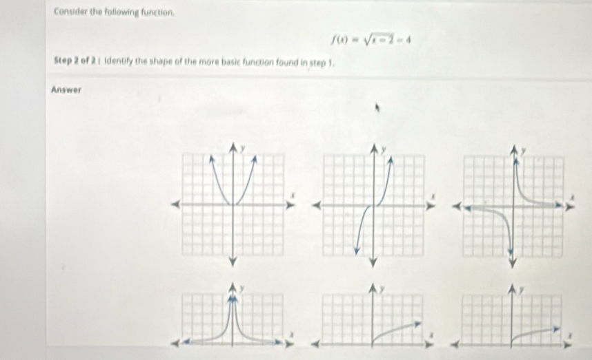 Consider the following function.
f(x)=sqrt(x-2)=4
Step 2 of 2 : Identify the shape of the more basic function found in step 1. 
Answer
y
y
y
x