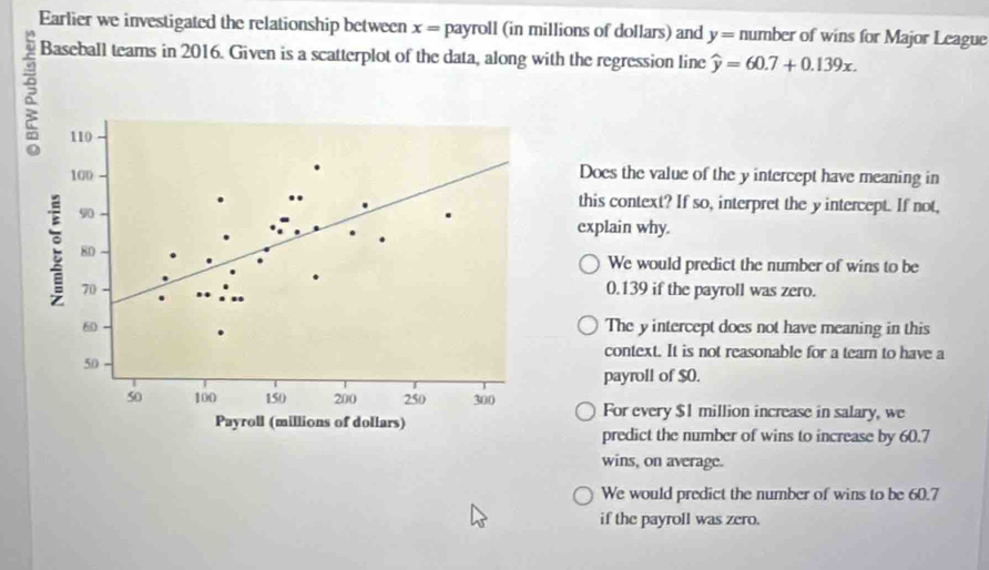 Earlier we investigated the relationship between x = payroll (in millions of dollars) and y= number of wins for Major League
Baseball teams in 2016. Given is a scatterplot of the data, along with the regression line widehat y=60.7+0.139x.
Does the value of the y intercept have meaning in
this context? If so, interpret the yintercept. If not,
explain why.
We would predict the number of wins to be
0.139 if the payroll was zero.
The y intercept does not have meaning in this
context. It is not reasonable for a team to have a
payroll of $0.
For every $1 million increase in salary, we
predict the number of wins to increase by 60.7
wins, on average.
We would predict the number of wins to be 60.7
if the payroll was zero.