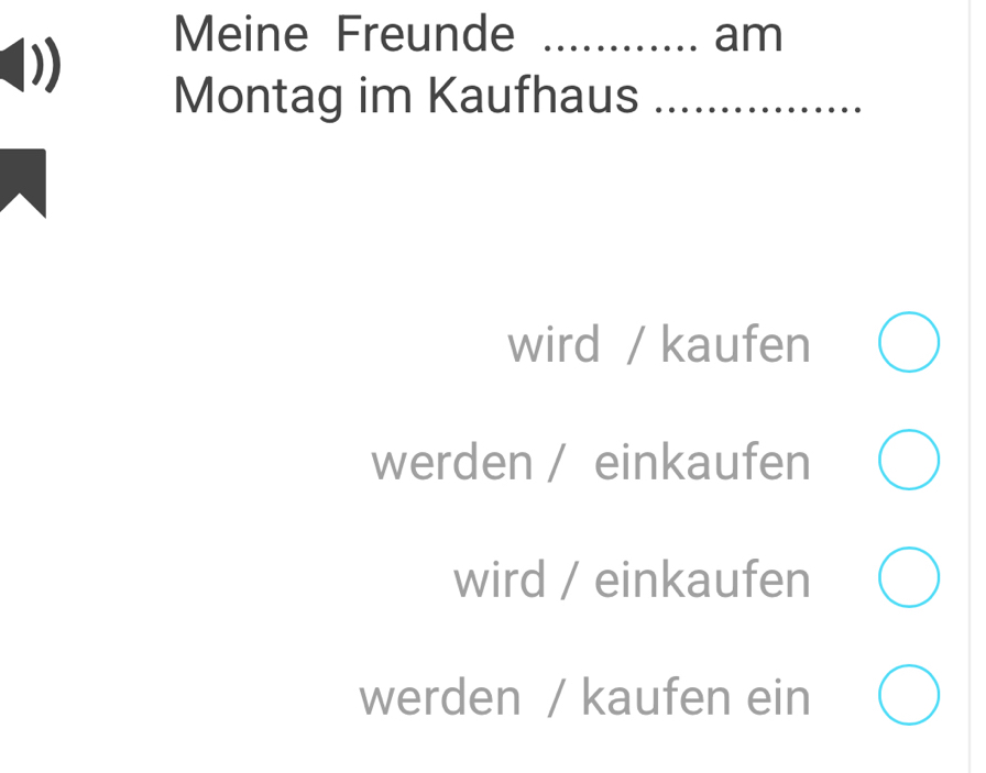 Meine Freunde _am
Montag im Kaufhaus_
wird / kaufen
werden / einkaufen
wird / einkaufen
werden / kaufen ein