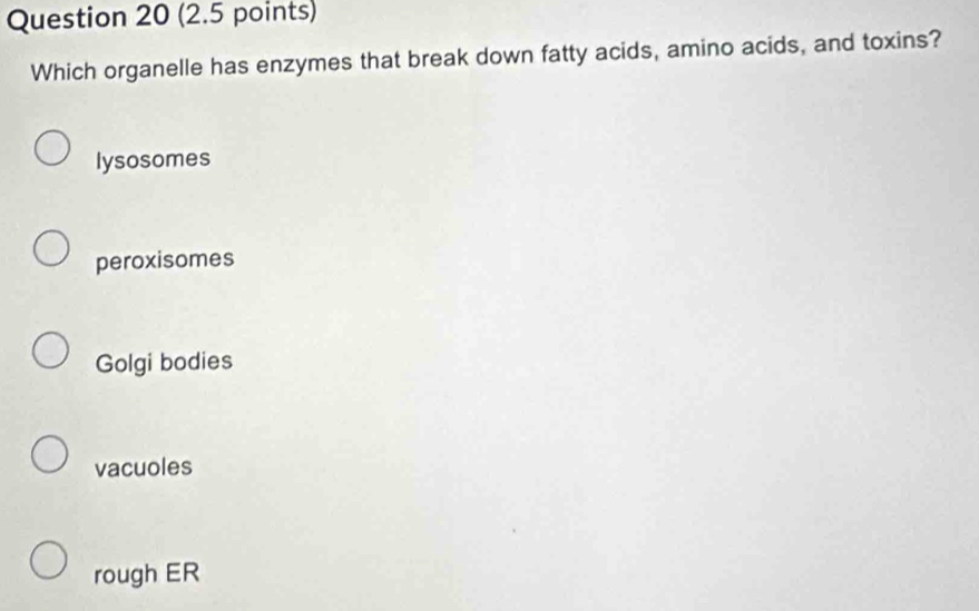 Which organelle has enzymes that break down fatty acids, amino acids, and toxins?
lysosomes
peroxisomes
Golgi bodies
vacuoles
rough ER