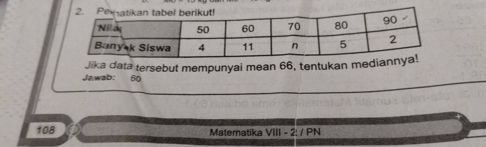 Jika data tersebut mempunyai mean 66, tentukan medi 
Jawab: 60
108 Matematika VIII - 2: / PN