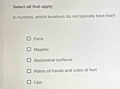 Select all that apply
In humans, which locations do not typically have hair?
Face
Nipples
Abdominal surfaces
Palms of hands and soles of feet
Lips