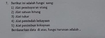 Berikut ini adalah fungsi uang: 
1) Alat pembayaran utang 
2) Alat satuan hitung 
3) Alat tukar 
4) Alat pemindah kekayaan 
5) Alat penimbun kekayaan 
Berdasarkan data di atas, fungsi turunan adalah .