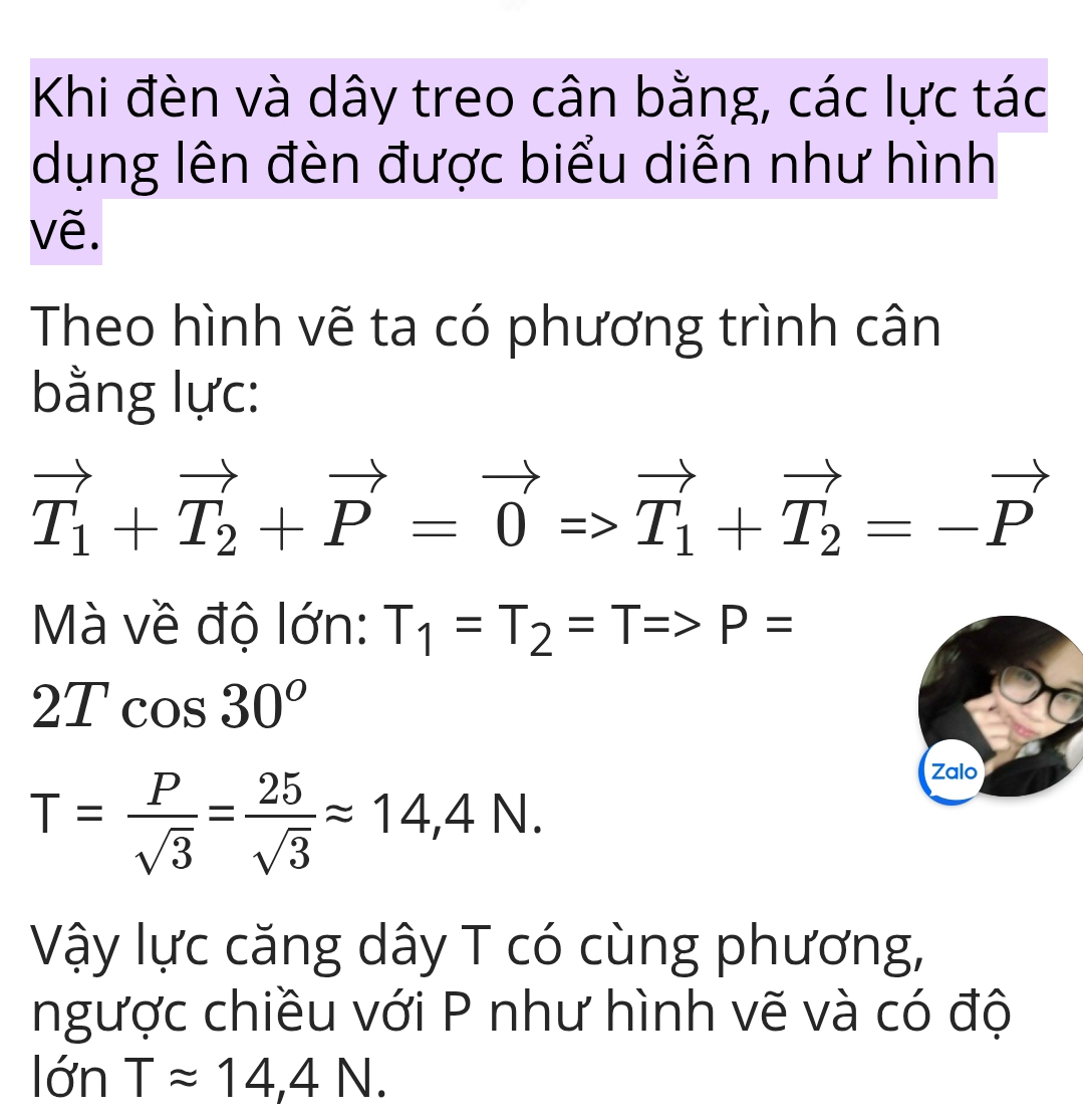 Khi đèn và dây treo cân bằng, các lực tác 
dụng lên đèn được biểu diễn như hình 
vẽ. 
Theo hình vẽ ta có phương trình cân 
bằng lực:
vector T_1+vector T_2+vector P=vector 0Rightarrow vector T_1+vector T_2=-vector P
Mà về độ lớn: T_1=T_2=T=>P=
2Tcos 30°
T= P/sqrt(3) = 25/sqrt(3) approx 14,4N. 
Zalo 
Vậy lực căng dây T có cùng phương, 
ngược chiều với P như hình vẽ và có độ 
lớn Tapprox 14,4N.