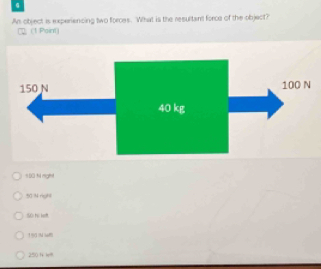 An object is experiencing two forces. What is the resultant force of the object?
C (1 Point)
100 N right
50 14 rig
:Số hi left
190 IN lef
250 N lef.