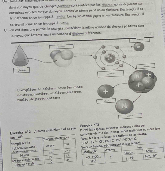 Un atome est éléctriquemem
dans son noyau que de charges positice représentées par les dœtron qui se déplacent sur
certaines orbites autour du noyau. Lorsqu'un atome perd un ou plusieurs électron(s), il se
transforme en un ion appelé  anion. Lorsqu'un atome gagne un ou plusieurs électron(s), il
se transforme en un ion appelé cation.
Un ion est donc une particule chargée, possédant le même nombre de charges positives dans
is un nombre d'éosens différents.
Parmi les espèces suivantes, indiquez celles qui
rcice n°2 L'atome aluminium : Al et son Exercice n°3
orrespondent à des atomes, à des molécules ou à des ions.
SO_4^((2-);Fe^2+);Cl^-;KCl;I;Pb^(2+);HCO_3^-;C.
armi les ions préciser les cations et les anions.