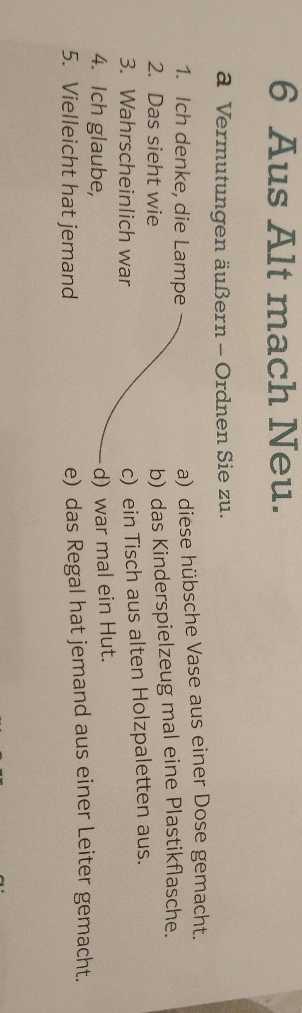 Aus Alt mach Neu.
a Vermutungen äußern - Ordnen Sie zu.
1. Ich denke, die Lampe
a) diese hübsche Vase aus einer Dose gemacht.
2. Das sieht wie
b) das Kinderspielzeug mal eine Plastikflasche.
3. Wahrscheinlich war
c) ein Tisch aus alten Holzpaletten aus.
4. Ich glaube,
d) war mal ein Hut.
5. Vielleicht hat jemand e) das Regal hat jemand aus einer Leiter gemacht.