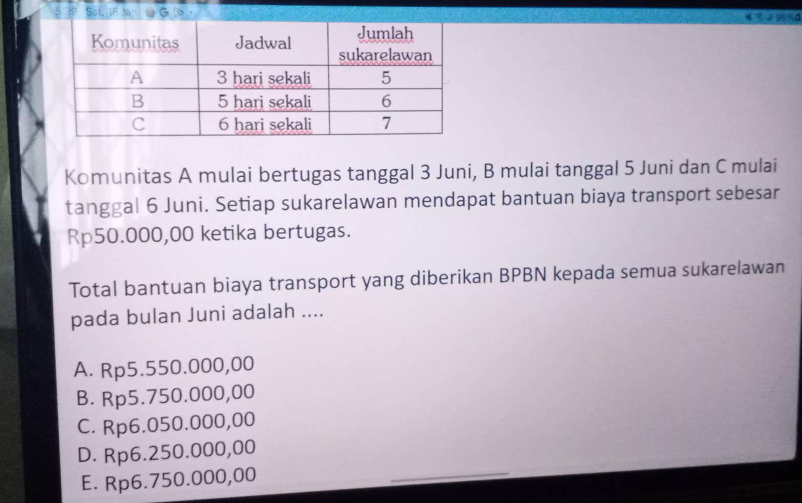 >
96% 0
Komunitas A mulai bertugas tanggal 3 Juni, B mulai tanggal 5 Juni dan C mulai
tanggal 6 Juni. Setiap sukarelawan mendapat bantuan biaya transport sebesar
Rp50.000,00 ketika bertugas.
Total bantuan biaya transport yang diberikan BPBN kepada semua sukarelawan
pada bulan Juni adalah ....
A. Rp5.550.000,00
B. Rp5.750.000,00
C. Rp6.050.000,00
_
D. Rp6.250.000,00
E. Rp6.750.000,00