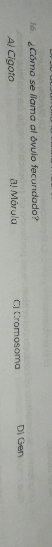 ¿Cómo se llama al óvulo fecundado?
A) Cigoto B) Mórula C) Cromosoma
D) Gen