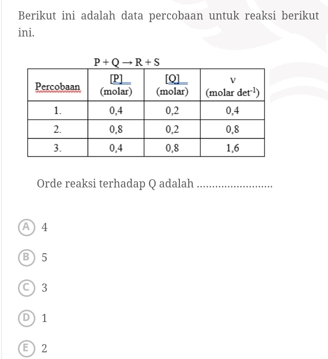 Berikut ini adalah data percobaan untuk reaksi berikut
ini.
Orde reaksi terhadap Q adalah_
A 4
B5
C) 3
D1
E2