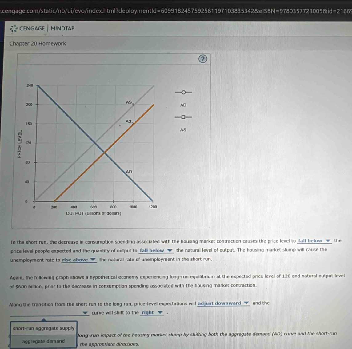Solved: CENGAGE | MINDTAP Chapter 20 Homework 。 AD AS In the short run ...