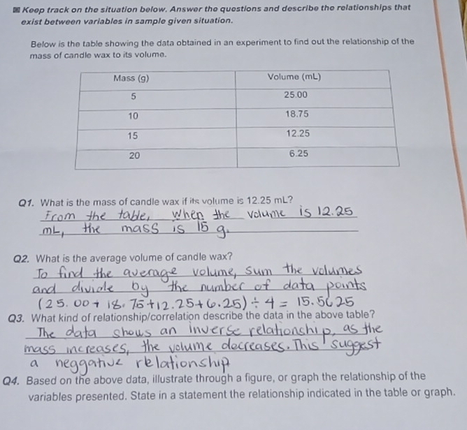 Keep track on the situation below. Answer the questions and describe the relationships that 
exist between variables in sample given situation. 
Below is the table showing the data obtained in an experiment to find out the relationship of the 
mass of candle wax to its volume. 
Q1. What is the mass of candle wax if its volume is 12.25 mL? 
_ 
_ 
_ 
Q2. What is the average volume of candle wax? 
_ 
_ 
Q3. What kind of relationship/correlation describe the data in the above table? 
_ 
_ 
_ 
Q4. Based on the above data, illustrate through a figure, or graph the relationship of the 
variables presented. State in a statement the relationship indicated in the table or graph.