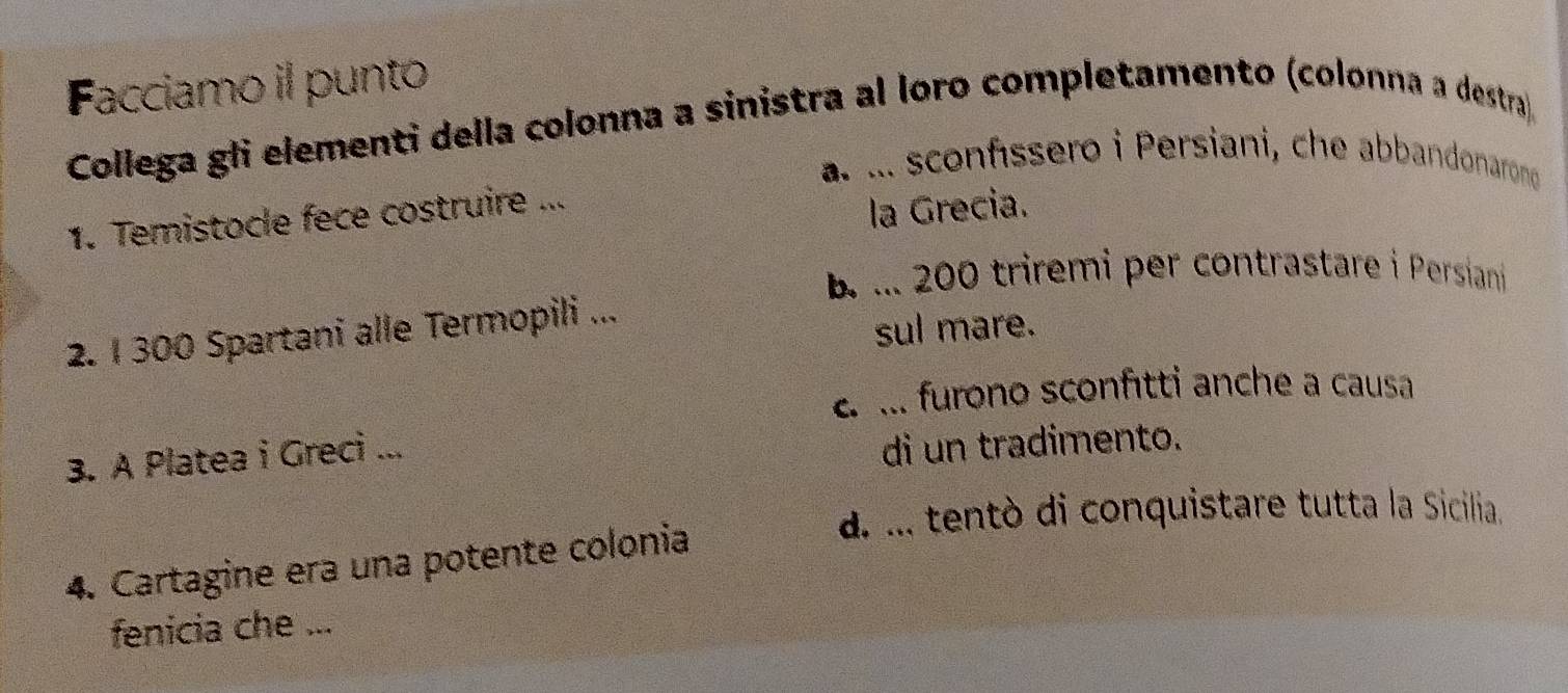 Facciamo il punto
Collega gli elementi della colonna a sinistra al loro completamento (colonna a destra)
a. ... sconfíssero i Persiani, che abbandonarono
1. Temistocle fece costruire ...
la Grecia.
B. .. 200 triremi per contrastare i Persiani
2. 1 300 Spartani alle Termopili ...
sul mare.
c. ... furono sconfitti anche a causa
3. A Platea i Greci ...
di un tradimento.
d. ... tentò di conquistare tutta la Sicilia.
4. Cartagine era una potente colonia
fenicia che ...