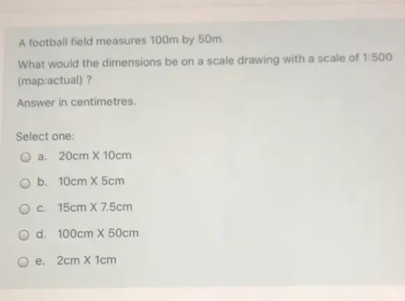 Solved: A football field measures 100m by 50m. What would the ...
