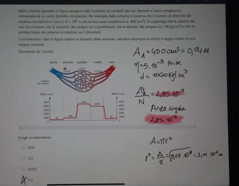 Nello schema riportato in figura vengono dati il numero di condotti dei vari distretti e l'area complessiva
interessata da un certo distretto circolatorio. Per esempio dallo schema si osserva che il numero di arteriole del
sistema circolatorio e' circa 1.4* 10^5 e che la loro area complessiva e' 400[cm^2] Si supponga che la sezione dei
vasi sia circolare, che la viscosita' del sangue sia 5 (centiPoise), che la densita' del sangue sia 1.06[g/cm^3] e che la
portata totale del sistema circolatorio sia 5 [litri/min].
Considerando i dati in figura relativi al distretto delle arteriole, calcolare (espresso in [mm]) il raggio medio di una
singola arteriola.
[Domanda da 2 punti]
Scegli un'alternativa:
0.93
5.3
0.053°