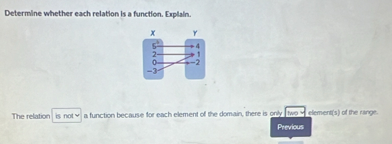 Determine whether each relation is a function. Explain. 
The relation is not a function because for each element of the domain, there is only two element(s) of the range. 
Previous