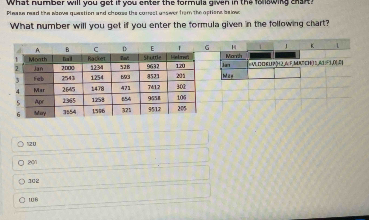 What number will you get if you enter the formula given in the following chart?
Please read the above question and choose the correct answer from the options below:
What number will you get if you enter the formula given in the following chart?
120
201
302
106