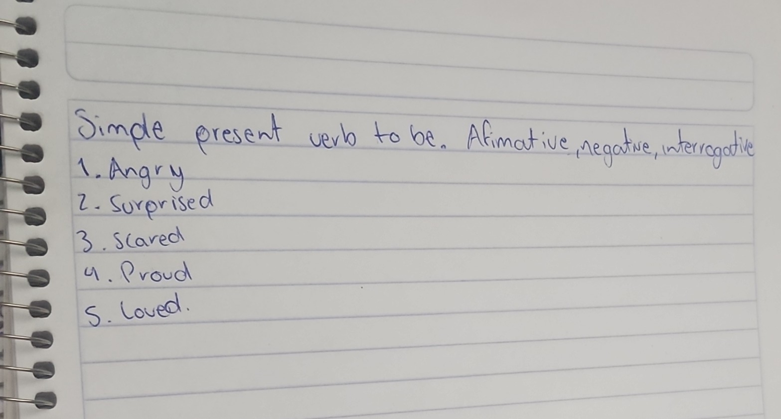 Simple present verb to be. Afimat:ive, negative, ihercogotie
1. Angry
2. Sorprised
3. scared
9. Proud
S. loved.