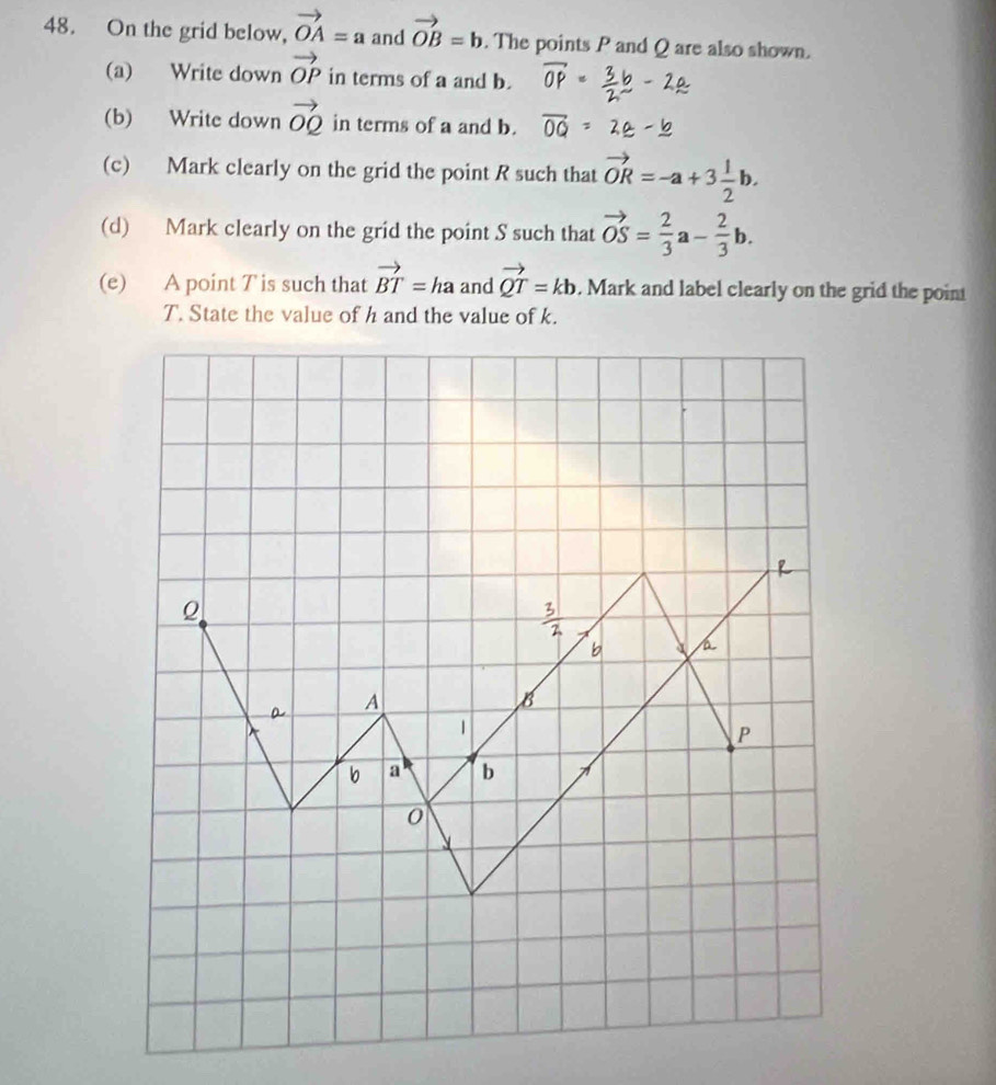 On the grid below, vector OA=a and vector OB=b. The points P and Q are also shown. 
(a) Write down vector OP in terms of a and b. 
(b) Write down vector OQ in terms of a and b. 
(c) Mark clearly on the grid the point R such that vector OR=-a+3 1/2 b. 
(d) Mark clearly on the grid the point S such that vector OS= 2/3 a- 2/3 b. 
(e) A point T is such that vector BT=ha and vector QT=kb. Mark and label clearly on the grid the point
T. State the value of h and the value of k.