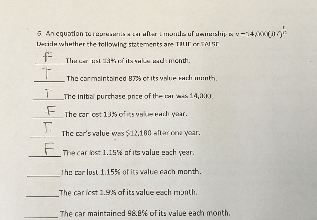 An equation to represents a car after t months of ownership is v=14,000(.87)^ t/12 
Decide whether the following statements are TRUE or FALSE. 
_The car lost 13% of its value each month. 
_The car maintained 87% of its value each month. 
_The initial purchase price of the car was 14,000. 
_The car lost 13% of its value each year. 
_The car’s value was $12,180 after one year. 
_The car lost 1.15% of its value each year. 
_ 
The car lost 1.15% of its value each month. 
_ 
The car lost 1.9% of its value each month. 
_The car maintained 98.8% of its value each month.