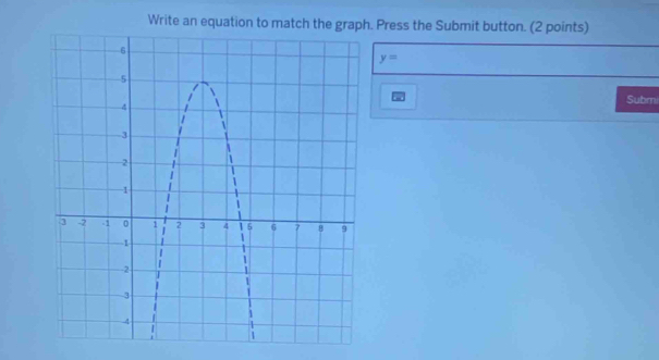 Write an equation to match the graph. Press the Submit button. (2 points)
y=
Subm