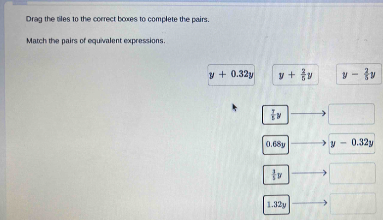 Drag the tiles to the correct boxes to complete the pairs.
Match the pairs of equivalent expressions.
y+0.32y y+ 2/5 y y- 2/5 y
 7/5 y
0.68y y-0.32y
 3/5 y
1.32y^(□)..