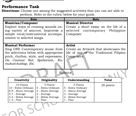 Performance Task 
Directions: Choose one among the suggested activities that you can are able to 
perform. Refer to the rubric below for your guide. 
Rubrics