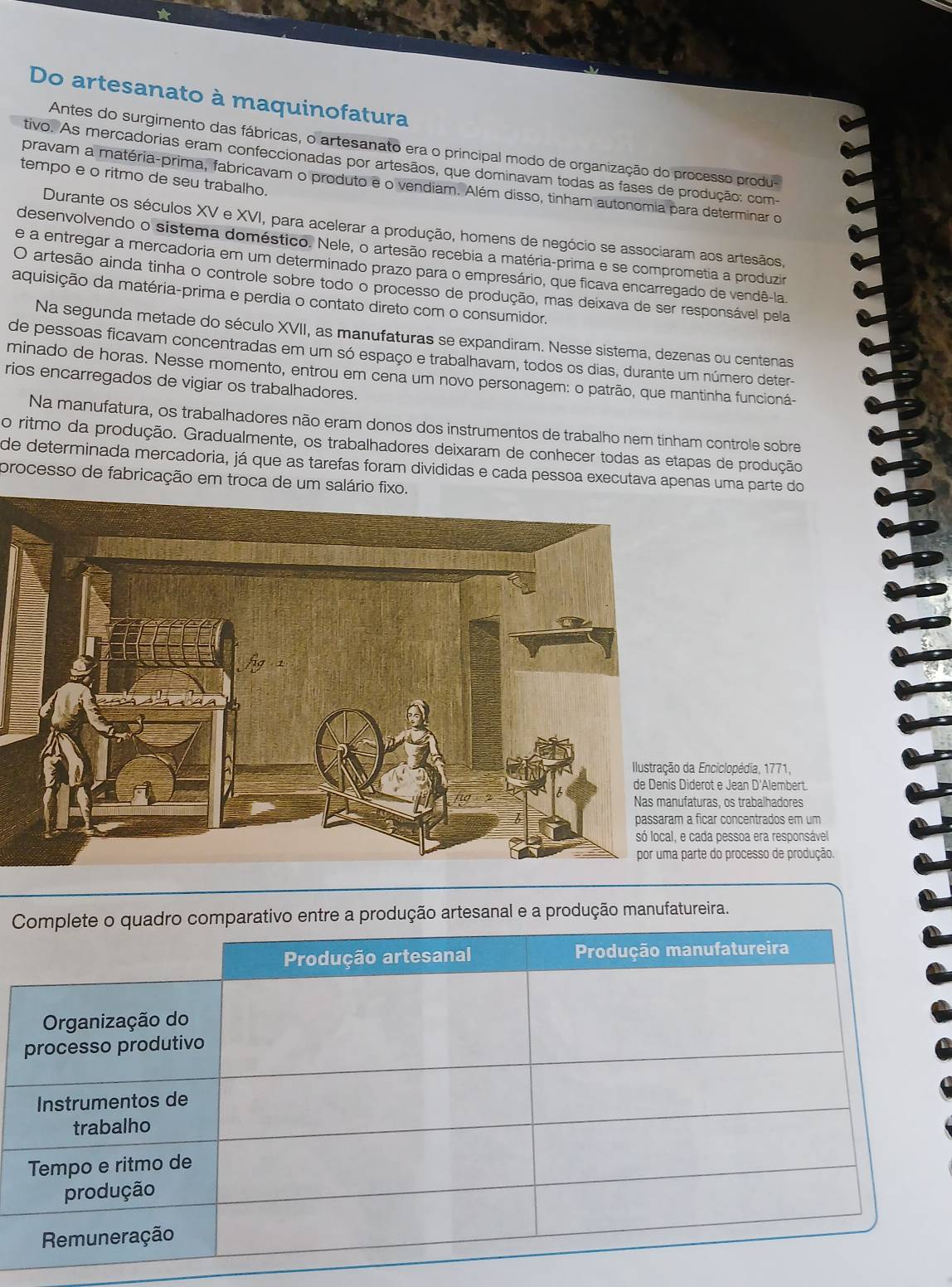 Do artesanato à maquinofatura
Antes do surgimento das fábricas, o artesanato era o principal modo de organização do processo produ-
tivo. As mercadorias eram confeccionadas por artesãos, que dominavam todas as fases de produção: com-
tempo e o ritmo de seu trabalho.
pravam a matéria-prima, fabricavam o produto e o vendiam. Além disso, tinham autonomia para determinar o
Durante os séculos XV e XVI, para acelerar a produção, homens de negócio se associaram aos artesãos,
desenvolvendo o sistema doméstico. Nele, o artesão recebia a matéria-prima e se comprometia a produzir
e a entregar a mercadoria em um determinado prazo para o empresário, que ficava encarregado de vendê-la
O artesão ainda tinha o controle sobre todo o processo de produção, mas deixava de ser responsável pela
aquisição da matéria-prima e perdia o contato direto com o consumidor.
Na segunda metade do século XVII, as manufaturas se expandiram. Nesse sistema, dezenas ou centenas
de pessoas ficavam concentradas em um só espaço e trabalhavam, todos os dias, durante um número detera
minado de horas. Nesse momento, entrou em cena um novo personagem: o patrão, que mantinha funcioná-
rios encarregados de vigiar os trabalhadores.
Na manufatura, os trabalhadores não eram donos dos instrumentos de trabalho nem tinham controle sobre
o ritmo da produção. Gradualmente, os trabalhadores deixaram de conhecer todas as etapas de produção
de determinada mercadoria, já que as tarefas foram divididas e cada pessoa executava apenas uma parte do
processo de fabricação em troca de um salário fixo.
nciclopédia, 1771,
ot e Jean D'Alembert.
ras, os trabalhadores
car concentrados em um
a pessoa era responsável
do processo de produção.
entre a produção artesanal e a produção manufatureira.