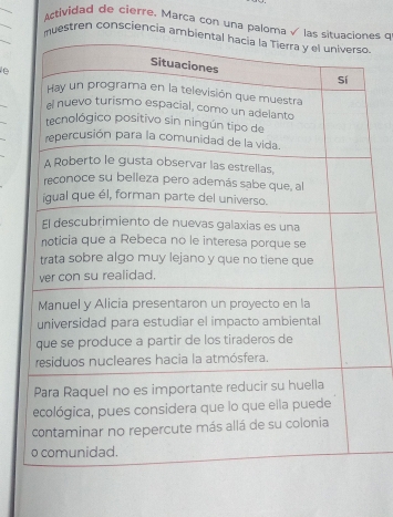 Actividad de cierre. Marca con una panes o 
_ 
stren conscienci 
e 
_