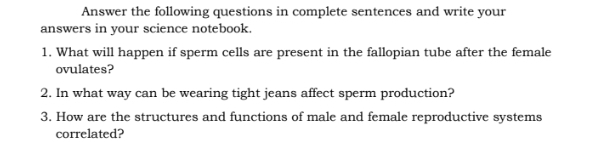 Answer the following questions in complete sentences and write your 
answers in your science notebook. 
1. What will happen if sperm cells are present in the fallopian tube after the female 
ovulates? 
2. In what way can be wearing tight jeans affect sperm production? 
3. How are the structures and functions of male and female reproductive systems 
correlated?