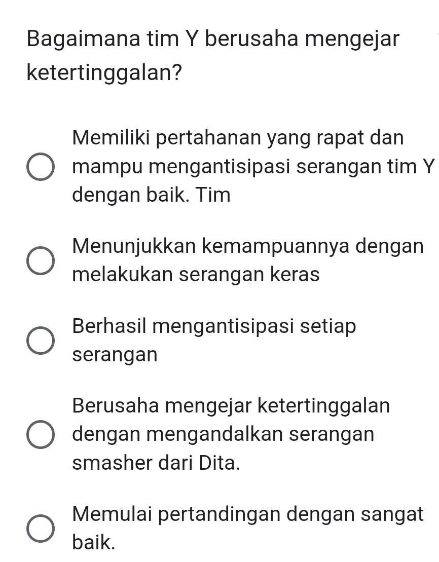 Bagaimana tim Y berusaha mengejar
ketertinggalan?
Memiliki pertahanan yang rapat dan
mampu mengantisipasi serangan tim Y
dengan baik. Tim
Menunjukkan kemampuannya dengan
melakukan serangan keras
Berhasil mengantisipasi setiap
serangan
Berusaha mengejar ketertinggalan
dengan mengandalkan serangan
smasher dari Dita.
Memulai pertandingan dengan sangat
baik.