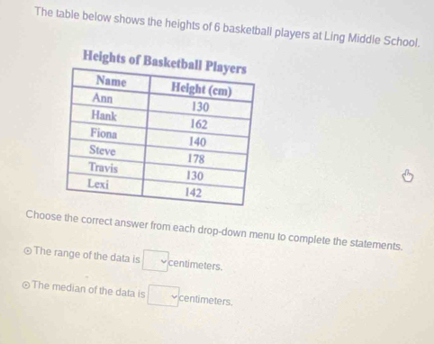 The table below shows the heights of 6 basketball players at Ling Middle School. 
Choose the correct answer from each drop-down menu to complete the statements. 
The range of the data is □ centimeters. 
The median of the data is □ centimeters.