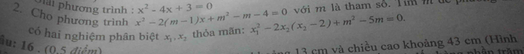 hài phương trình : 
với m là tham số. Tím m dc pi 
2. Cho phương trình x^2-2(m-1)x+m^2-m-4=0 x^2-4x+3=0 x_1^(2-2x_2)(x_2-2)+m^2-5m=0. 
có hai nghiệm phân biệt x_1, x_2
thỏa mãn: 
Su: 16 . (0,5 điểm)
13 cm và chiều cao khoảng 43 cm (Hình 
thân trăm