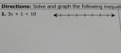 Directions: Solve and graph the following inequali 
1. 3x+1<10</tex>