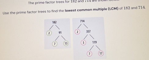 The prime factor trees for 182 and 714 ar sho 
Use the prime factor trees to find the lowest common multiple (LCM) of 182 and 714.
182
2 91
7 13