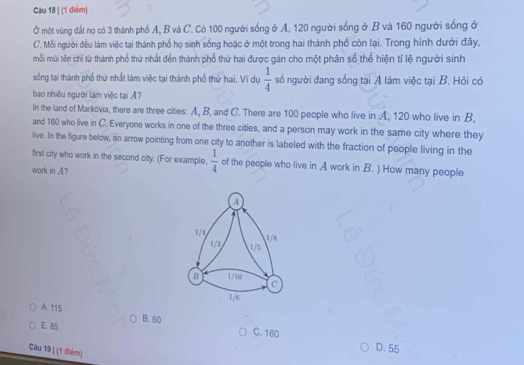 Cău 18 | (1 điểm)
Ở một vùng đất nọ có 3 thành phố A, B và C. Có 100 người sống ở A, 120 người sống ở B và 160 người sống ở
C. Mỗi người đều làm việc tại thành phố họ sinh sống hoặc ở một trong hai thành phố còn lại. Trong hình dưới đây,
mỗi mũi tên chỉ từ thành phố thứ nhất đến thành phổ thứ hai được gán cho một phân số thể hiện tỉ lệ người sinh
sống tại thành phố thứ nhất làm việc tại thành phố thứ hai. Ví dự  1/4  số người đang sống tại A làm việc tại B. Hỏi có
bao nhiều người làm việc tại A?
In the land of Markovia, there are three cities: A, B, and C. There are 100 people who live in A, 120 who live in B,
and 160 who live in C. Everyone works in one of the three cities, and a person may work in the same city where they
live. In the figure below, an arrow pointing from one city to another is labeled with the fraction of people living in the
first city who work in the second city. (For example,  1/4  of the people who live in A work in B. ) How many people
work in A?
4
1/4 1/8
1/3 1/5
B 1/10 C
1/6
A. 115 B. 60
E. 85
C. 160
Câu 19 | (1 điệm)
D. 55