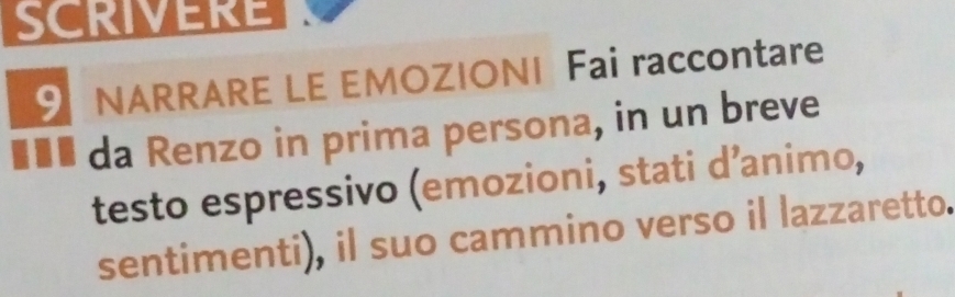 SCRIVERE 
NARRARE LE EMOZIONI Fai raccontare
€££ da Renzo in prima persona, in un breve 
testo espressivo (emozioni, stati d’animo, 
sentimenti), il suo cammino verso il lazzaretto.