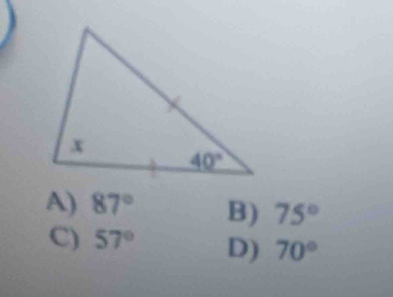 A) 87°
B) 75°
C) 57°
D) 70°