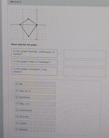 Please describe this graph.
Is this graph discrete, continuous, or
neither?
Is this graph linear or nonlinear?
Is this graph symmetric, if so,
where?
 π /6 r_1° No
::! yes: x=-3
Nonlinear
Yes; y=0
Continuous
Discrete
Linear
Neither